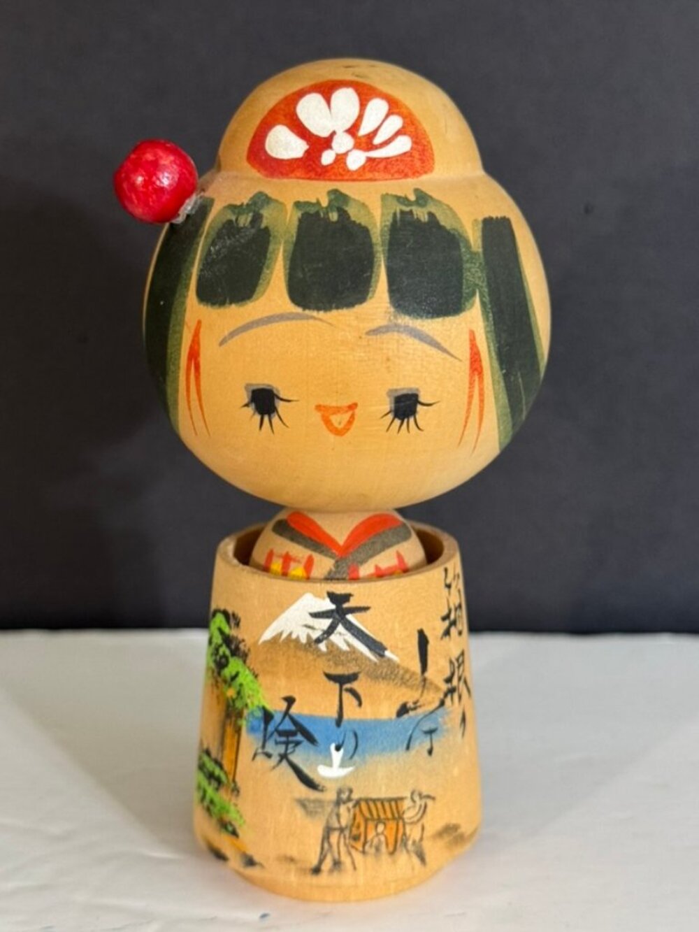 Vtg Japanese Traditional Kokeshi Wooden Doll -Mt. Fuji Kanji Flowers 5” EUC